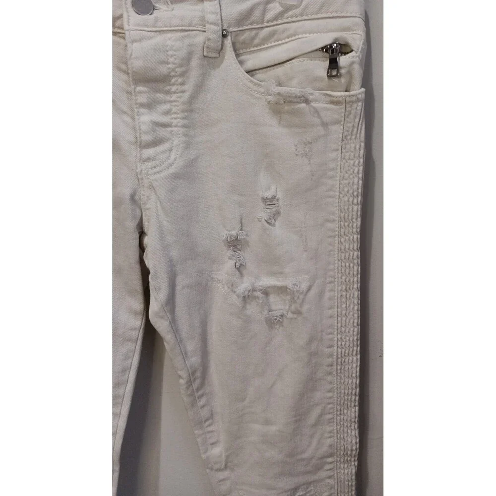 M N M L White Stretch Moto Denim Skinny Distressed Mens Jeans Size 29 Ankle Zip